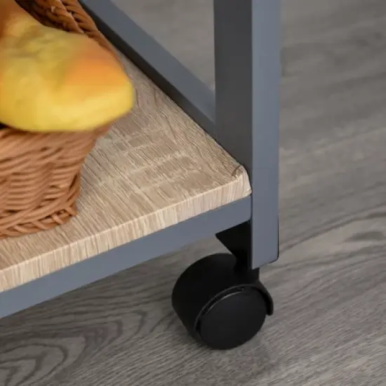 HOMCOM Mobile Rolling Kitchen Island Trolley Serving Cart with Underneath Drawer & Slide-Out Wire Storage Basket, Grey image {7}