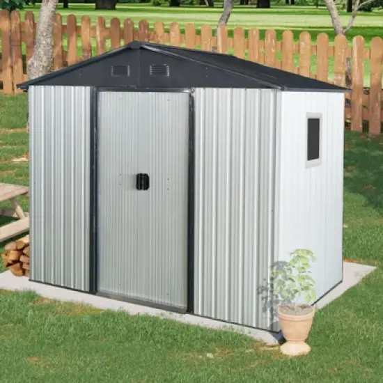 8ft x 4ft Outdoor Metal Storage Shed With window and metal foundation,Gray image {12}