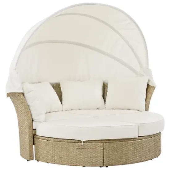 57" Outdoor Patio PE Rattan Round Daybed Sunbed with Retractable Canopy and 4 Pillows image {9}