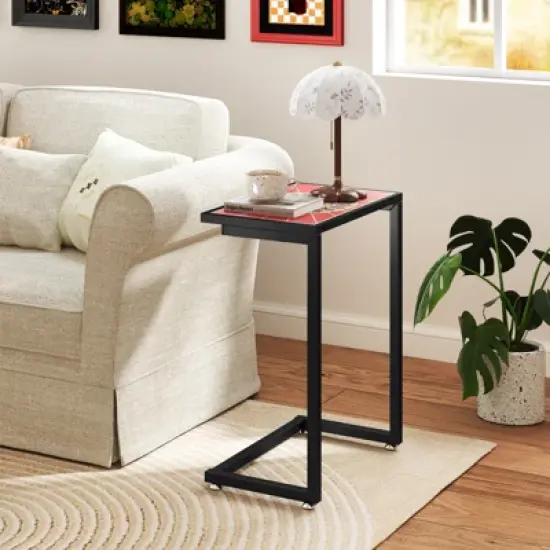 Tangkula 2PCS Mosaic Outdoor C-Shaped End Table w/ Ceramic Tile Top Sturdy Metal Frame image {3}