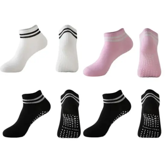 Anna-Kaci 4 Pairs Women's Ankle Grip Yoga Socks Soft Cotton Non-Slip Bottom Striped Cuff image {9}