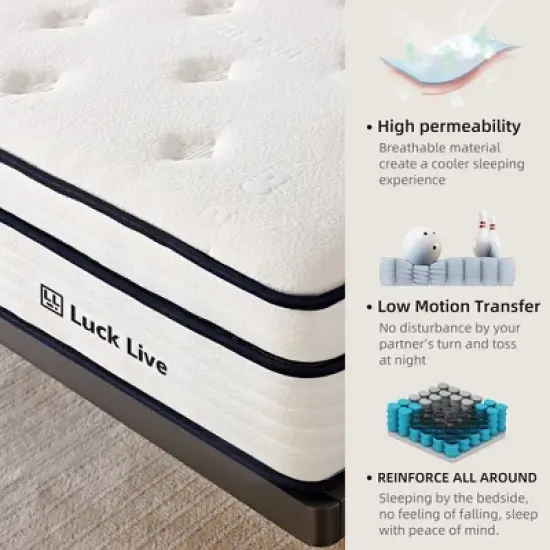 Luck Live 10-inch hybrid mattress with anti-static breathable built-in springs and pillow top, motion isolation, pressure relief, boxed full mattress image {5}