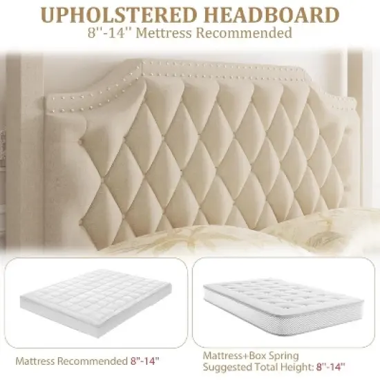 Upholstered Canopy Bed Frame with Headboard, Button Tufted, Nailhead Trim Design, No Box Spring Required image {3}
