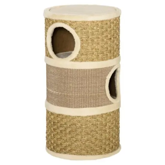 PawHut 28 Inch Cat Condo, 3 Story Cat Hideaway with Sisal Scratching Pad, Barrel Shaped Small Cat Tree for Indoor Cats, Khaki and Brown image {3}