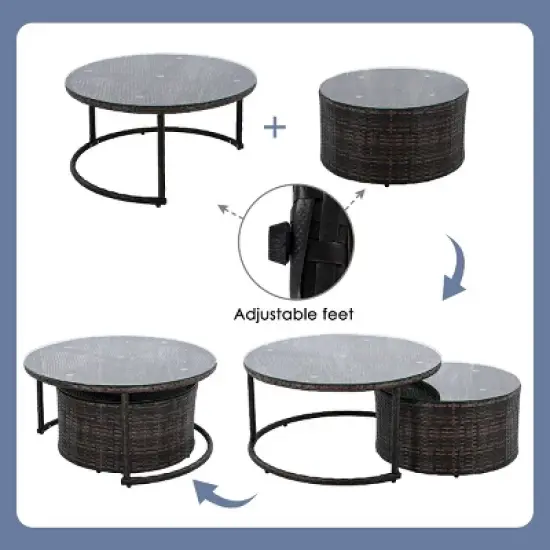 Outdoor 9-Pieces Seating Set, Patio Round Sofa Set with Glass Tabletop, Wicker Sofa with Steel Frame and Removable Cushions&ndash;Cuddlewood image {5}