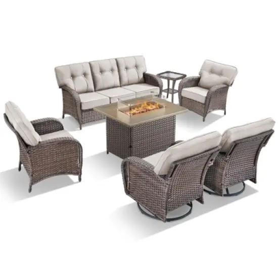 Belord Brown Wicker 7 Piece Patio Furniture Set with 5" Thick Cushions, 41" Propane Fire Pit Table Set with Swivel Glider Chairs and Club Chairs image {3}
