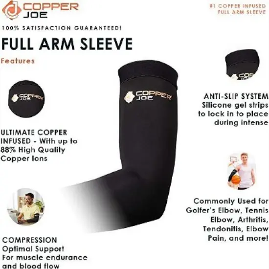 Copper Joe Compression Arm Brace Copper Infused Sleeve for Arms Forearm Bicep Tennis Elbow Basketball Golf Arthritis and Tendonitis image {3}