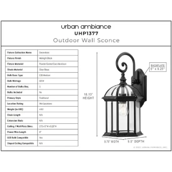 Urban Ambiance Luxury Transitional Outdoor Wall Sconce 18.125''H x 9.75''W,  Midnight Black Finish,  Greensboro Collection, UHP1377 image {3}