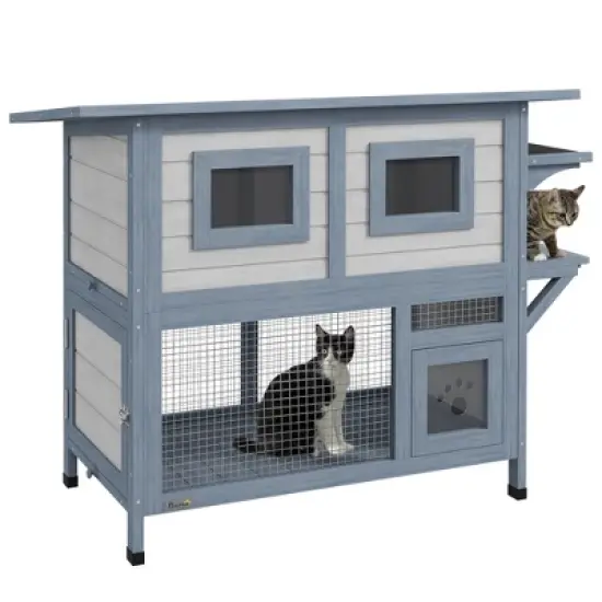 PawHut Outdoor Cat House, 2 Tier Weatherproof Feral Cat Shelter with Escape Door, Asphalt Roof for Outside, Backyard, Light Gray image {6}
