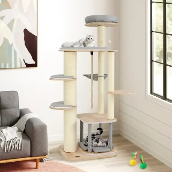 Tangkula 63" Tall Modern Cat Tree w/ Perch Condo Hammock 5.6" Scratching Posts image {1}