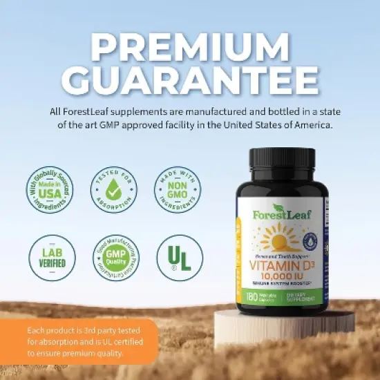 Forest Leaf Vitamin D3 5,000 IU - Bone Health and Immune Support, Small Easy-to-Swallow Capsules Vitamin D Supplements for Women and Men, 180 Caps image {3}