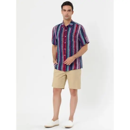Lars Amadeus Men's Button Down Short Sleeve Casual Vertical Multicolor Shirt image {3}