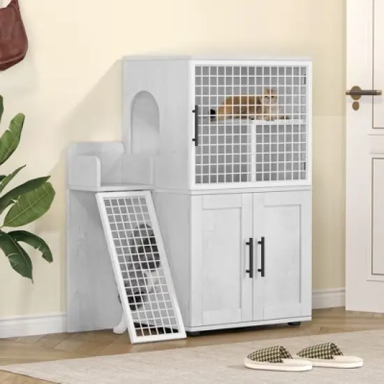 Modern Villa Litter Box Enclosure with Ladder, Double-Layer Cat House Furniture, 33.5" x 17.9" x 41.9" image {9}