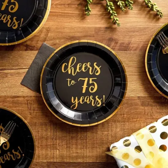 Sparkle and Bash 48 Pack Black Paper Plates for 75th Party, Cheers to 75 Years (9 In) image {1}