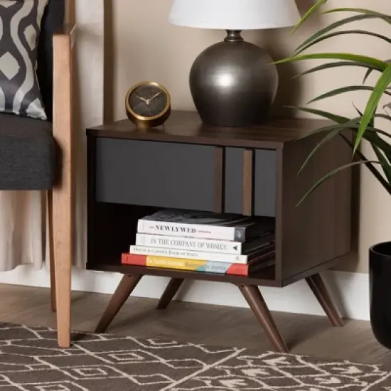 1 Drawer Naoki Two-Tone Wood Nightstand Gray/Walnut - Baxton Studio image {6}