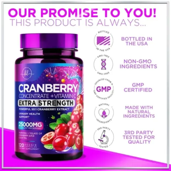 Cranberry Extract Pills 25000mg + Vitamin C Extra Strength Urinary Tract Support - 60 Capsules;120 Capsules image {3}