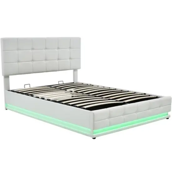 Queen Size PU Tufted Upholstered Platform Bed with Hydraulic Storage System, LED Lights and USB charger-ModernLuxe image {7}