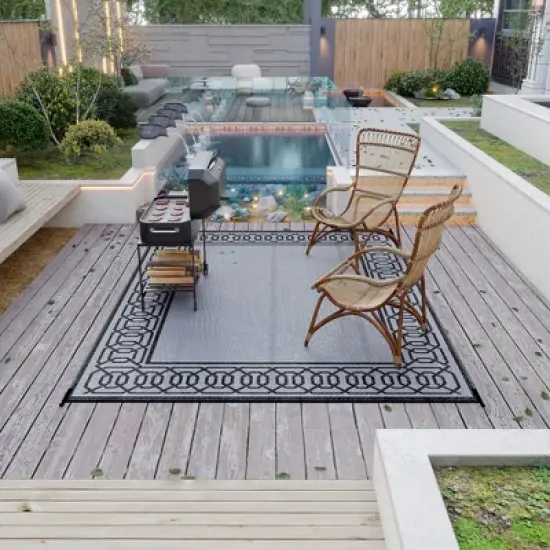 DOMETOUR Reversible Outdoor Rug, 9' x 12' Waterproof Mat, Portable RV Camping Carpet, Backyard, Deck, Picnic, Beach, Black & Gray Border image {8}