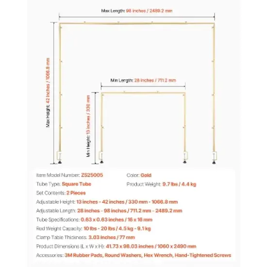 VEVOR Over The Table Rod Stand with Clamps, 13"-42" Tall & 28"-98" Length Adjustable, 2 Packs Table Arch Stand, Tabletop Balloon Arch Frame, Gold image {7}