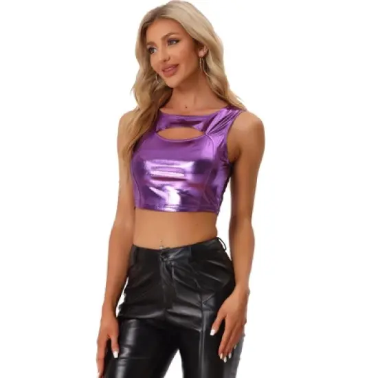 Allegra K Women's Metallic Crop Shiny Sleeveless Cut Out Party Clubwear Holographic Tank Tops image {15}