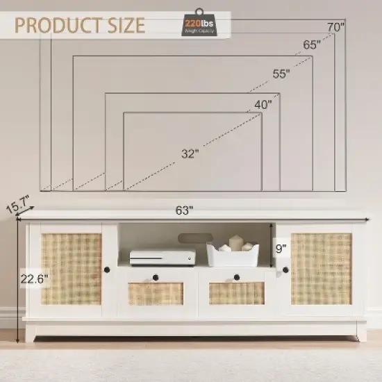 Rattan TV Stand, Modern Entertainment Center for 65/70 Inch TV, White Media Center with 2 Drawers and 2 Cabinets image {1}