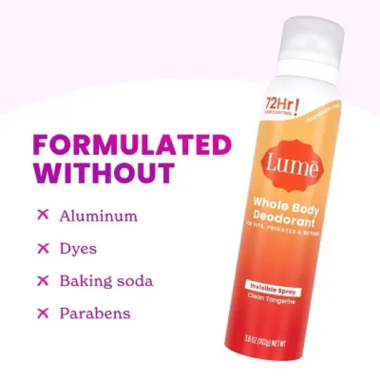 Lume Whole Body Women's Invisible Spray Deodorant - Clean Tangerine Scent - Aluminum-Free 3.6oz image {4}