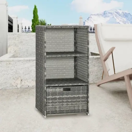 WELLFOR Outdoor PE Wicker Pool Towel Rack Waterproof Storage Organizer with 2 Shelves Gray image {3}