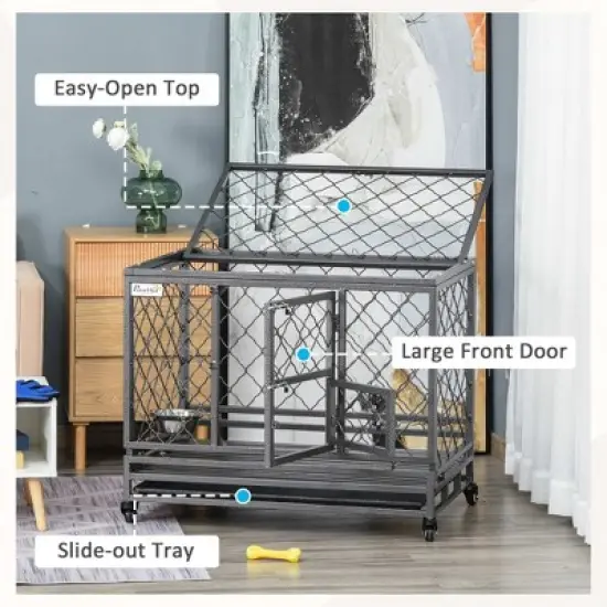 PawHut Heavy Duty Dog Cage Metal Kennel and Crate Dog Playpen with Lockable Wheels, Slide-out Tray, Food Bowl and Double Doors image {4}