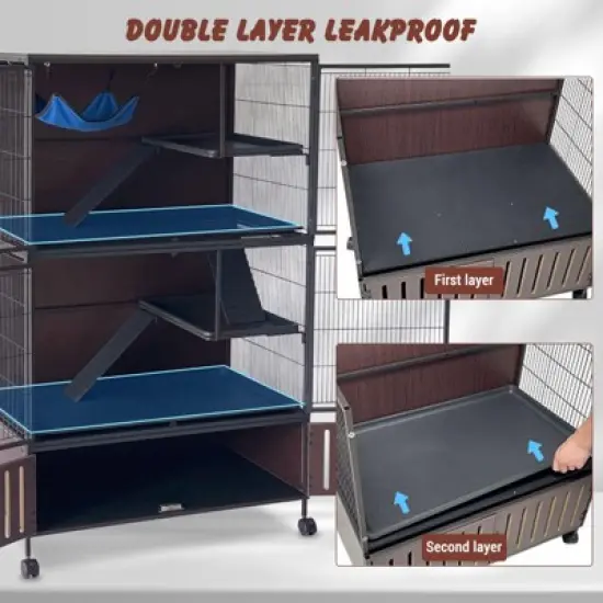 60" 5-Tier Ferret Cage, Multi-Level Chinchilla Cage with Lockable Doors, Ramps, Hammock, Wheels, Storage Cabinet, Small Animal Habitat image {6}