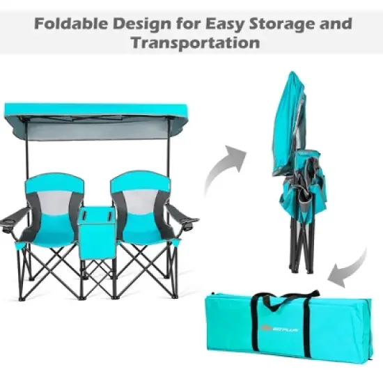 Costway Portable Folding Camping Canopy Chairs w/ Cup Holder Cooler Outdoor Turquoise image {7}
