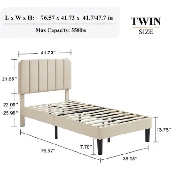 VECELO Velvet Upholstered Platform Bed Frame with Adjustable Headboard, Sturdy Wood Slat Support, No Box Spring Required image {2}