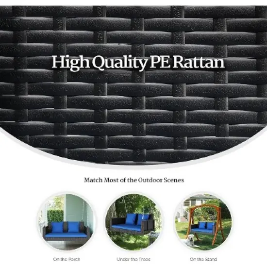 VINGLI Heavy Duty 800 LBS Wicker Hanging Porch Swing with Cushions & Chains, 4FT Outdoor Rattan Swing Bench for Garden, Yard, Lawn (Black+Blue) image {3}