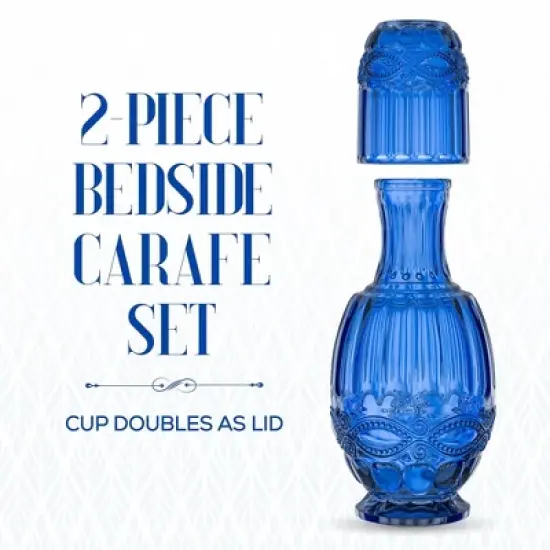 Elle Decor Bedside Water Carafe with Tumbler, 33-Ounce Pitcher and Matching Drinking Glass, Use Cup as a Lid for Carafe, Blue image {1}