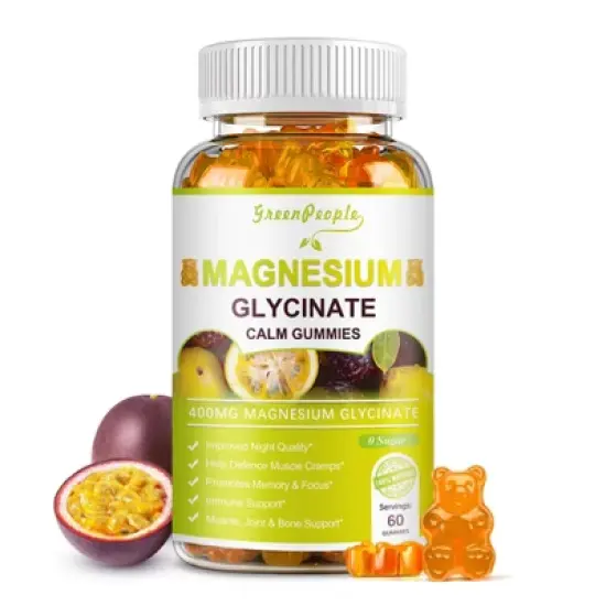 GreenPeople Magnesium Glycinate Gummies 400mg with Calcium, Potassium, Vitamin D for Stress Relief & Sleep, 60 Ct (Passion fruit flavor) image {8}