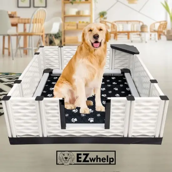 EZwhelp EZclassic 28" x 28" Modular Puppy Dog Whelping Box Playpen with Safety Rails, Washable Pee Pad, and Liner for Small Dogs, Black Pawprint Pad image {4}