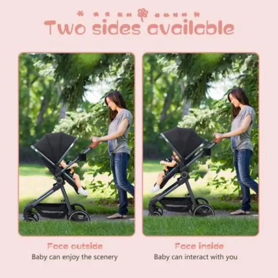 CuisinSmart 2 In 1 Baby Stroller, with Adjustable Canopy and Backrest, Foldable High Landscape Infant Pram with Reversible Seat image {4}