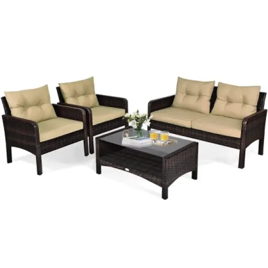 Tangkula 4 Pieces Patio Conversation Set Rattan Wicker Loveseat Sofa Coffee Table & Glass Top image {2}
