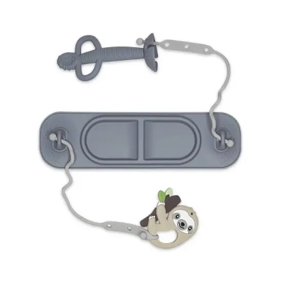 Busy Baby Silicone Travel Teething and Feeding System with Suction Mat, Teething Spoon, Travel Bag and 2 Straps for Toys and Utensil - Pewter - 4pcs image {3}