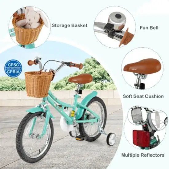 Costway 16'' Kids Bike w/Height Adjustable Handlebar Seat Basket Bell Training Wheels image {4}