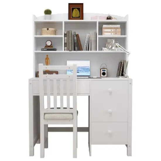 PAGED Vintage 40" Home Computer Desk and Upholstered Chair Set with Bookshelf,  with Four Drawers, Storage Shelf and Chair, White image {4}