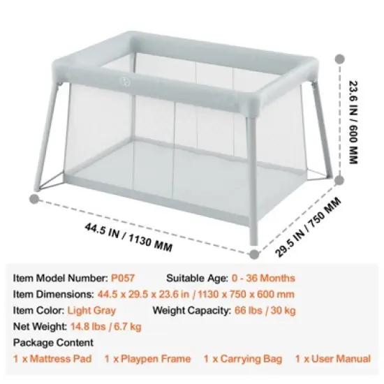 VEVOR Baby Travel Crib and Play Yard, Folding Baby Playpen with Soft Mattress Pad, Portable Toddlers Crib with Breathable Mesh and Travel Bag, Gray image {7}