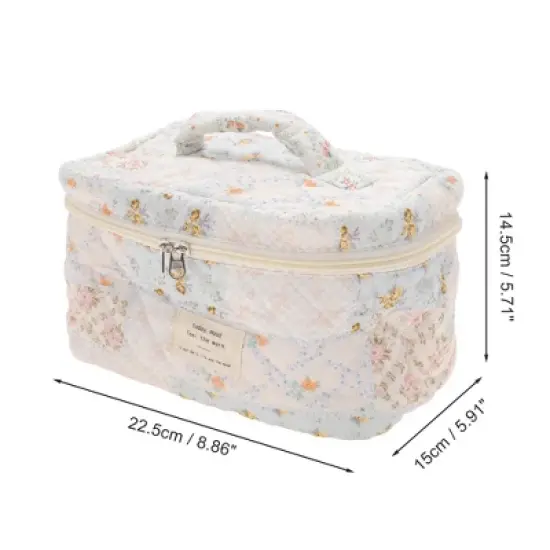 Unique Bargains Floral Handheld Quilting Makeup Bag White Blue 1 Pc image {1}