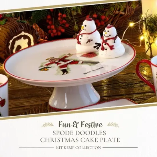 Spode Kit Kemp Doodle 10.7" Cake Stand - Best in Snow Doodle - Whimsical Santa Illustration, Fine China Cake Display for Elegant Dessert Presentation image {1}