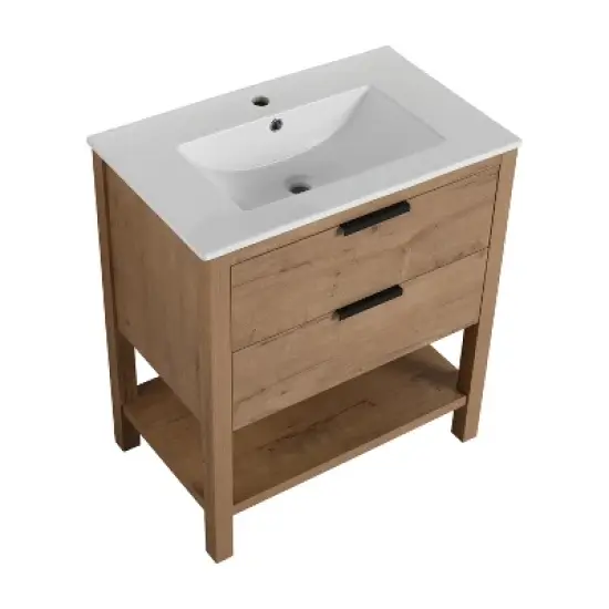 30" Bathroom Vanity with 2 Drawers and 1 Ceramic Sink, Oak - ModernLuxe image {4}