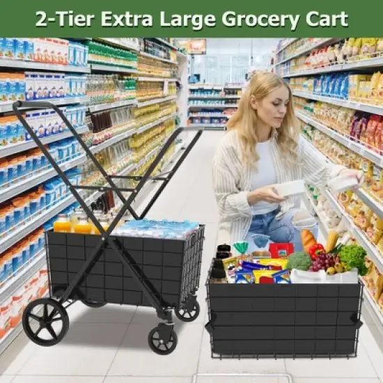 HTUTWOO 2 Layers Grocery Cart on Wheels, Jumbo Folding Utility Carts with Double Basket Waterproof Liner for Easy Transport, Groceries, Shopping image {2}