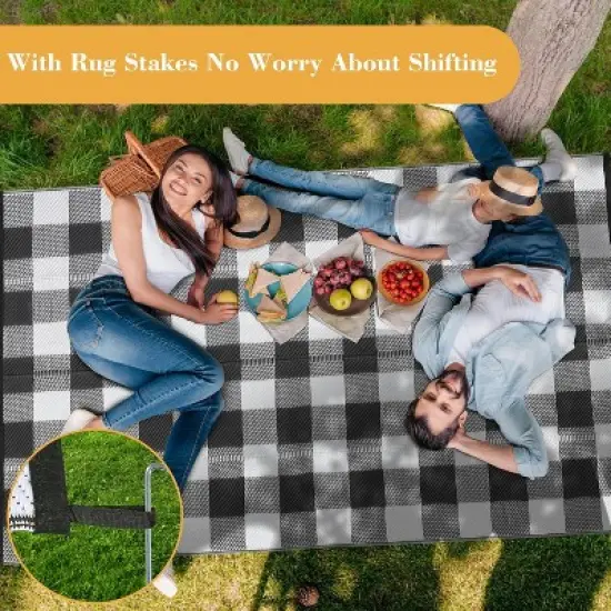 Waterproof Outdoor Rug Uv Resistant Plastic Straw Rug Modern Checkerboard Reversible Plaid Camping Carpet Picnic Mat for Beach, Backyard image {3}