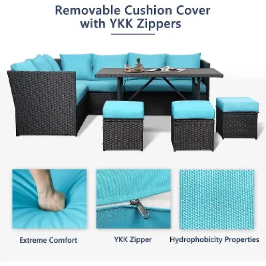 Cesicia 7-Piece Dark Blue Sofa Set, Garden Patio Wicker Sectional Sofa Set with Coffee Table Fit for Both Indoor And Outdoor image {5}