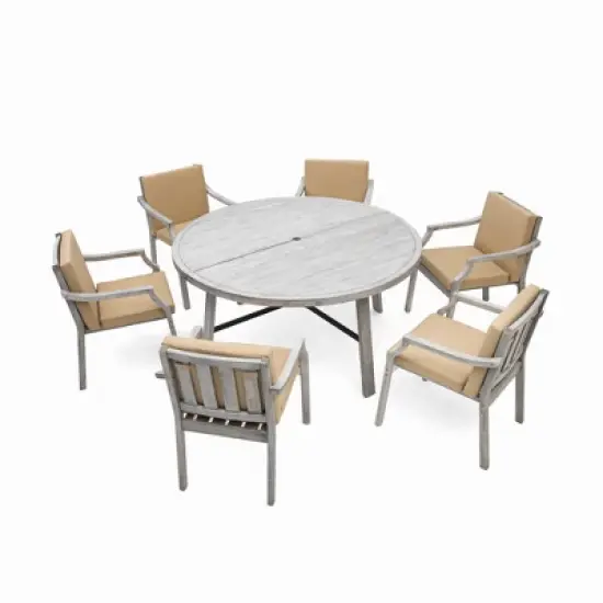 FIONECA 6-Person Outdoor Wooden Dining Set with Umbrella Hole & Removable Cushions, Antique Gray Patio Furniture for Backyard & Garden image {7}