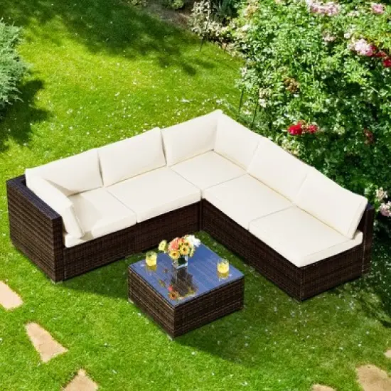 Costway 6PCS Patio Rattan Furniture Set Cushioned Sofa Coffee Table Garden image {10}