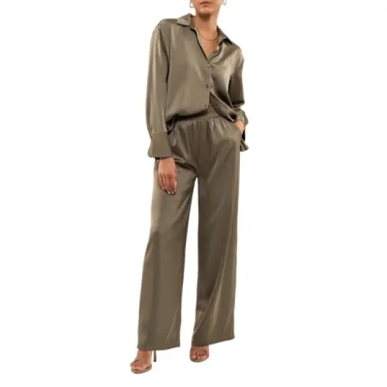 August Sky Women's Satin Button Down Top and Wide Leg Pant Set image {5}